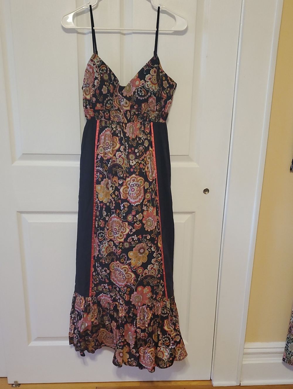 Floral Black Maxi Dress with Pink and Gold Accents